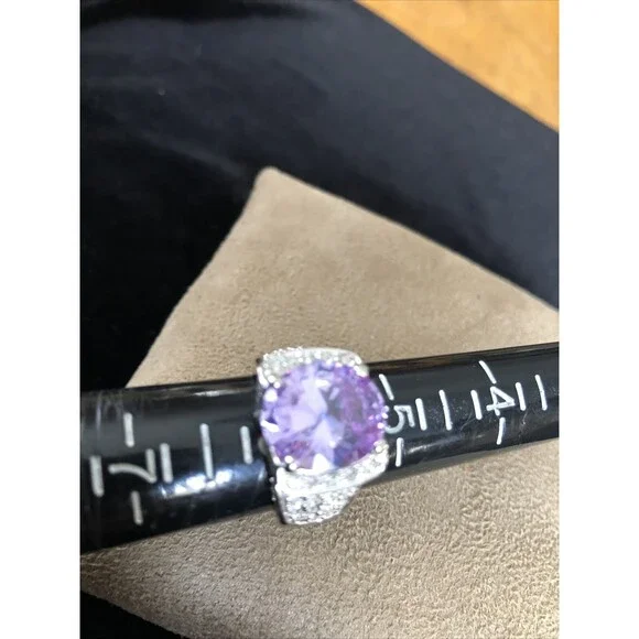 Clear crystal Rhinestone and Amethyst Silver Tone Cocktail Ring Size 5.5 Costume